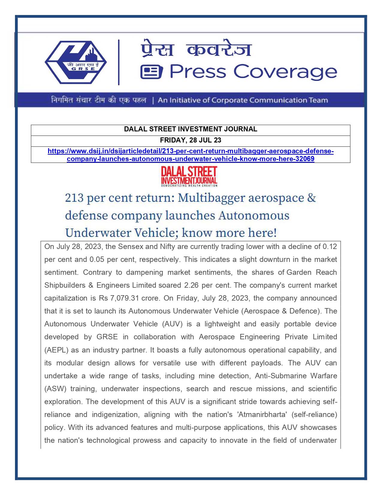 Press Coverage : Dalal Street Investment Journal, 28 Jul 23 : 213 per cent return : Multibagger aerospace & defence company launches Autonomous Underwater Vehicle